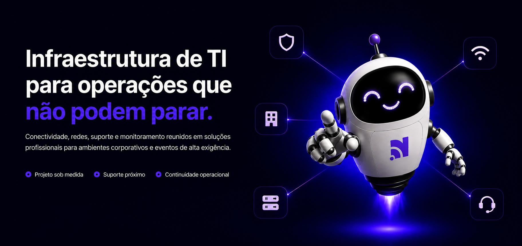 Infraestrutura de TI para operações que não podem parar, com o mascote Kyn representando conectividade, segurança, redes, servidores e suporte.